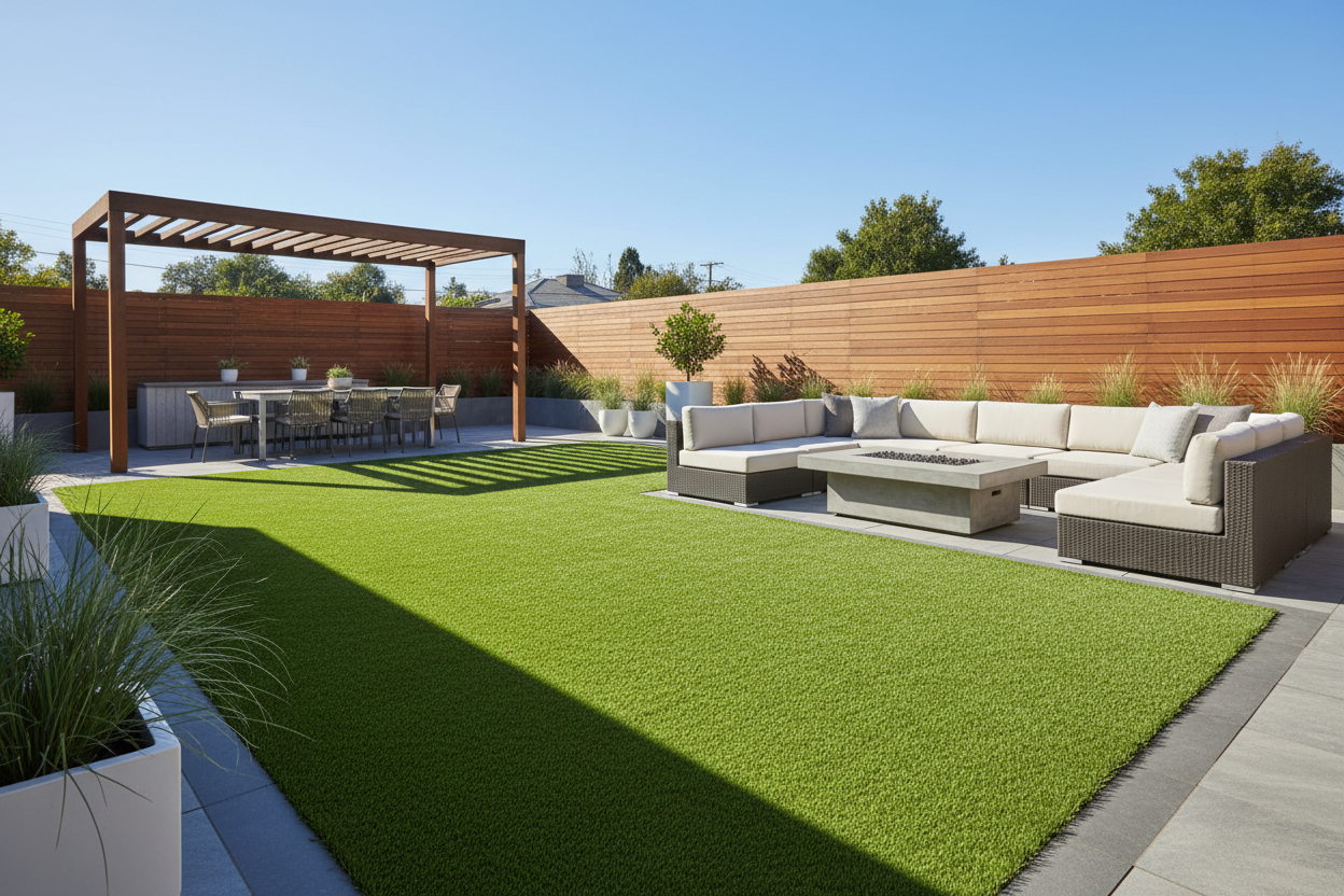 Backyard with artificial turf after being cleaned with hydrogen peroxide based PurOxy