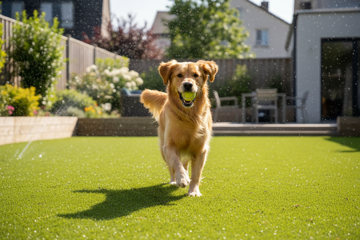 Dog running on artificial turf that was cleaned with PurOxy