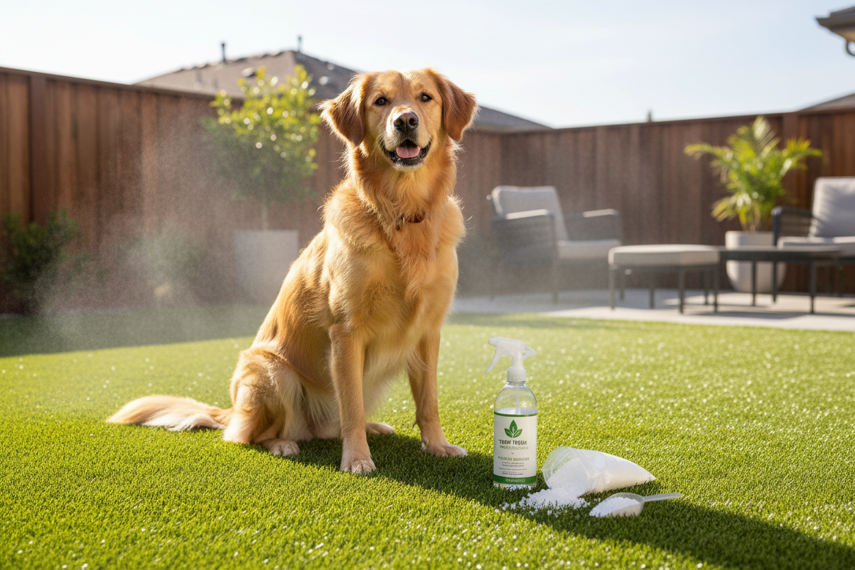 Dog sitting on turf cleaned by PurOxy