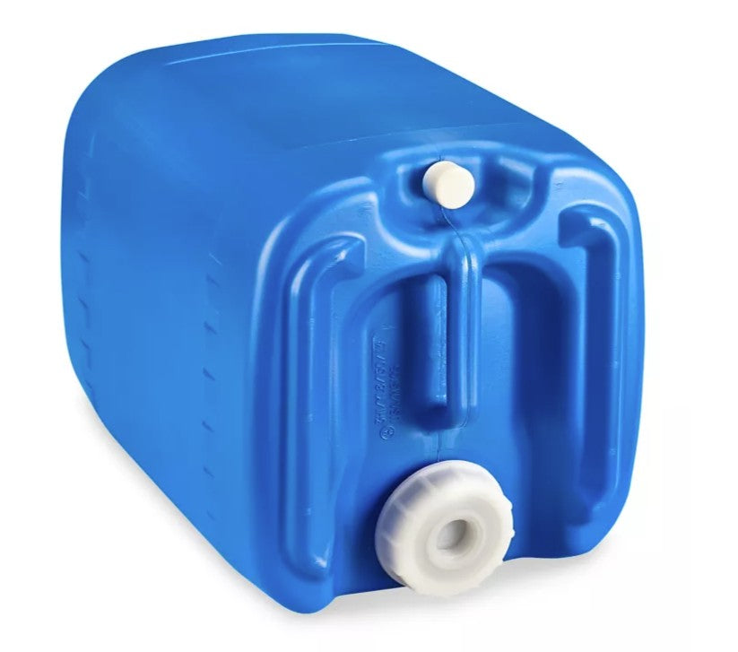 Blue plastic PurOxy container with white valve on a white background
